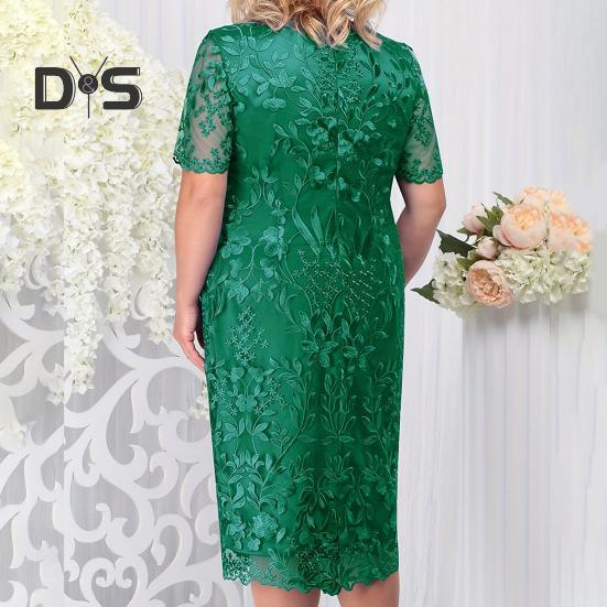 Women Dress Flower Embroidery Double Layers Short Sleeve Round Neck Mid Calf Length Lace Plus Size Elegant Lady Midi Prom Party Dress