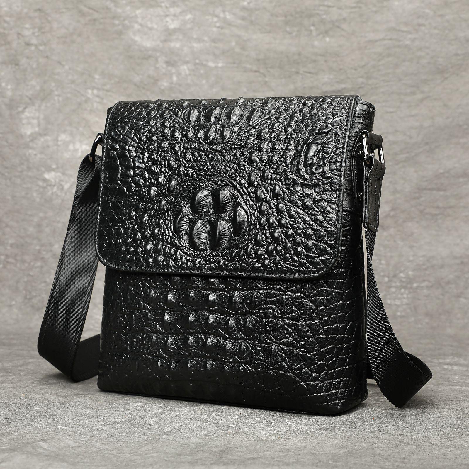 Handmade Men s Genuine Leather Crocodile Pattern Messenger Bag - Casual Crossbody and Shoulder Bag чёрный