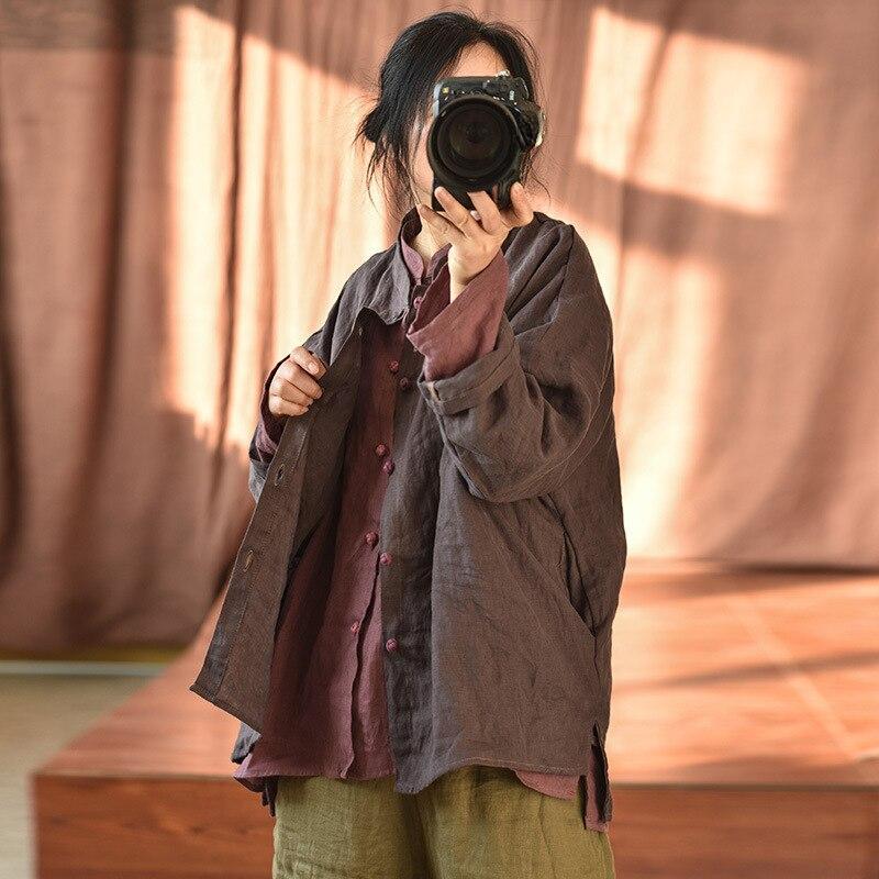 Johnature Frauen Vintage Leinen Taste Mäntel Stehen Einfarbig Lange Hülse Lose Mantel Frühling Chinesischen Stil Casual Kleidung