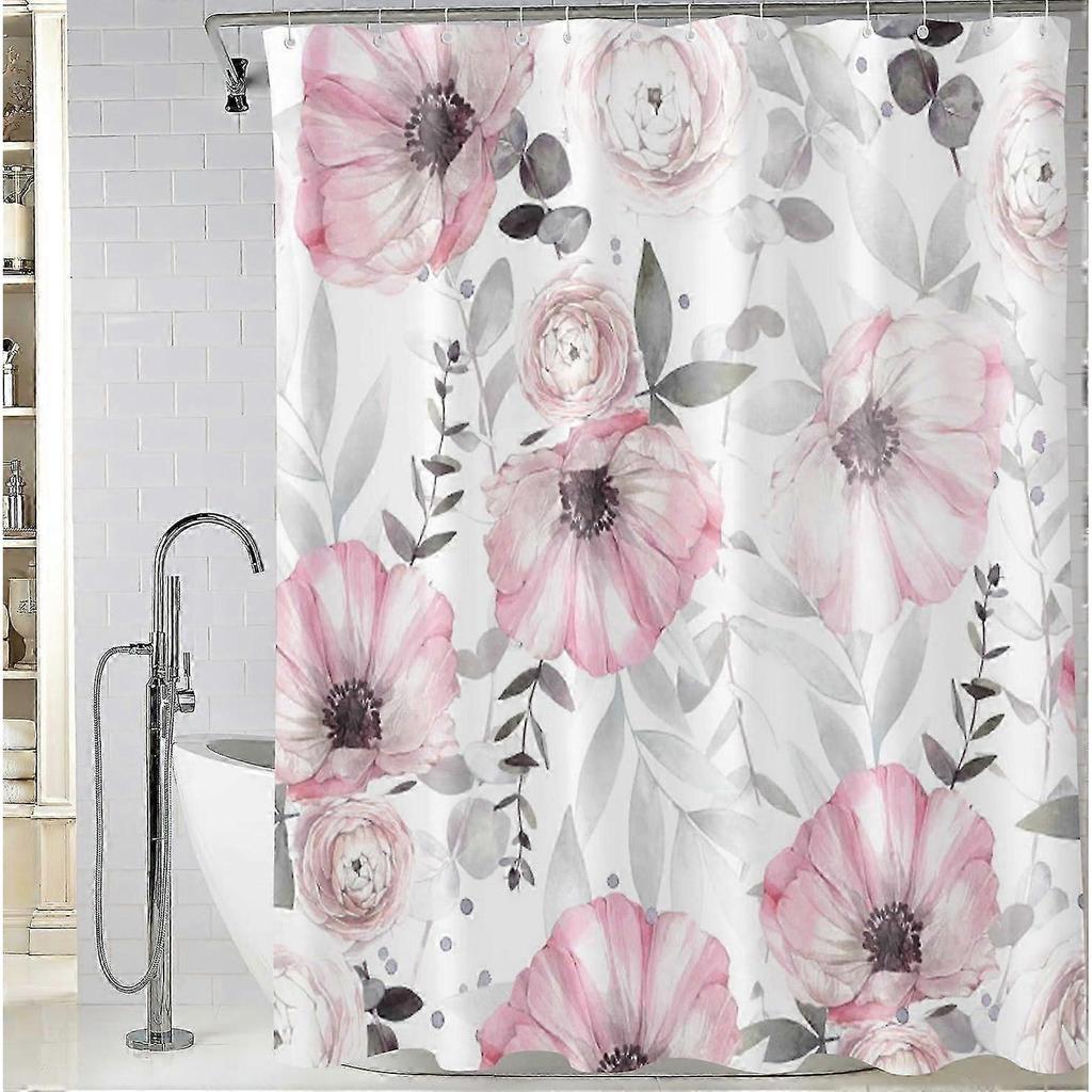 Tender Pink Floral Shower Curtain, Watercolor Flowers Bathroom Shower Curtain, Fabric Waterproof Shower Curtain with 12 Hooks Inch Shower Curtain-1444