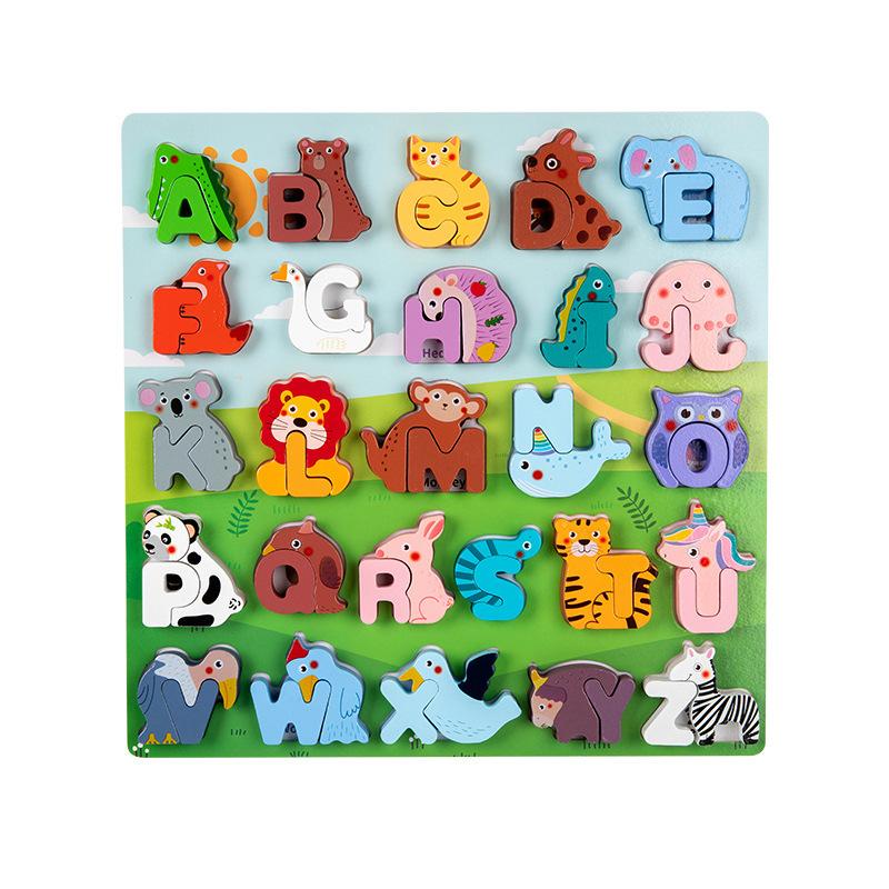 

Wooden kids 26 letter puzzle baby early education cognitive cartoon animal matching board building block educational toy