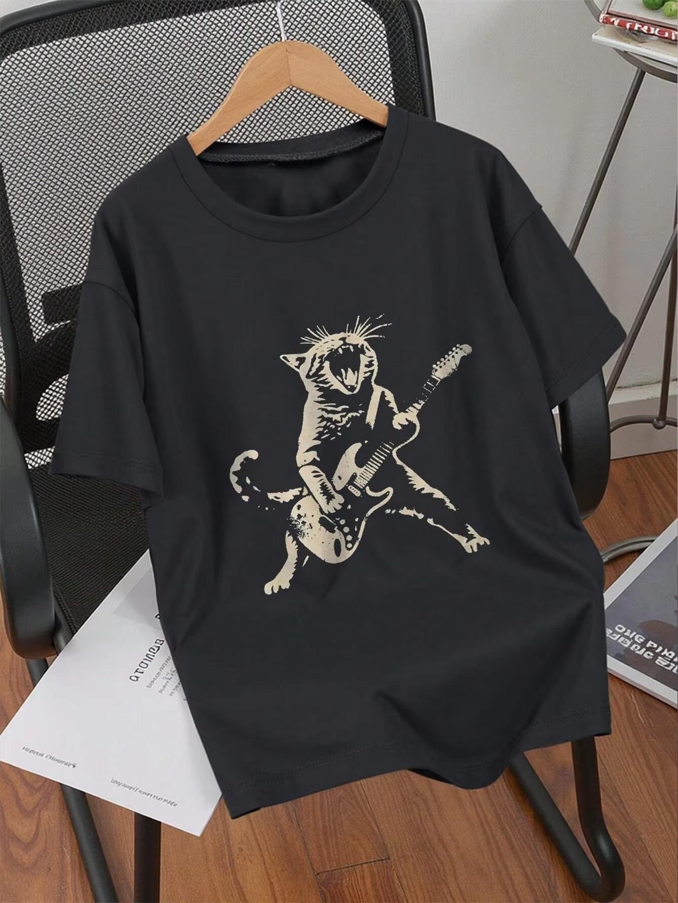 

Rock Cat Playing Guitar Print T-shirt Casual and Versatile Style Suitable for Daily Wear Summer Oversize Shirt Cotton Tees 4XL