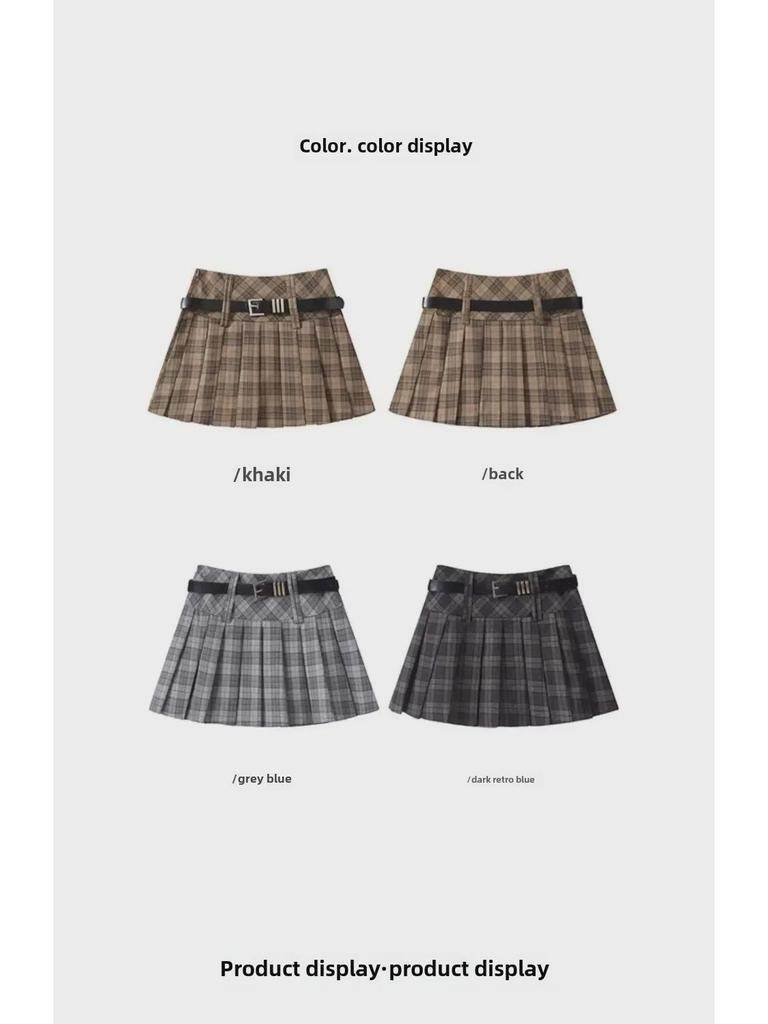 Women's American Retro Plaid High Waist Pleated Skirt - Early Autumn College Style, Anti-Exposure