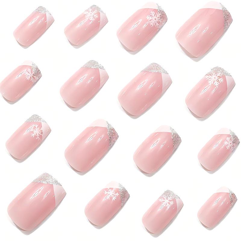 European & American Christmas Style: 24-Piece French Glitter Snowflake Medium-Length Nails for Christmas Season