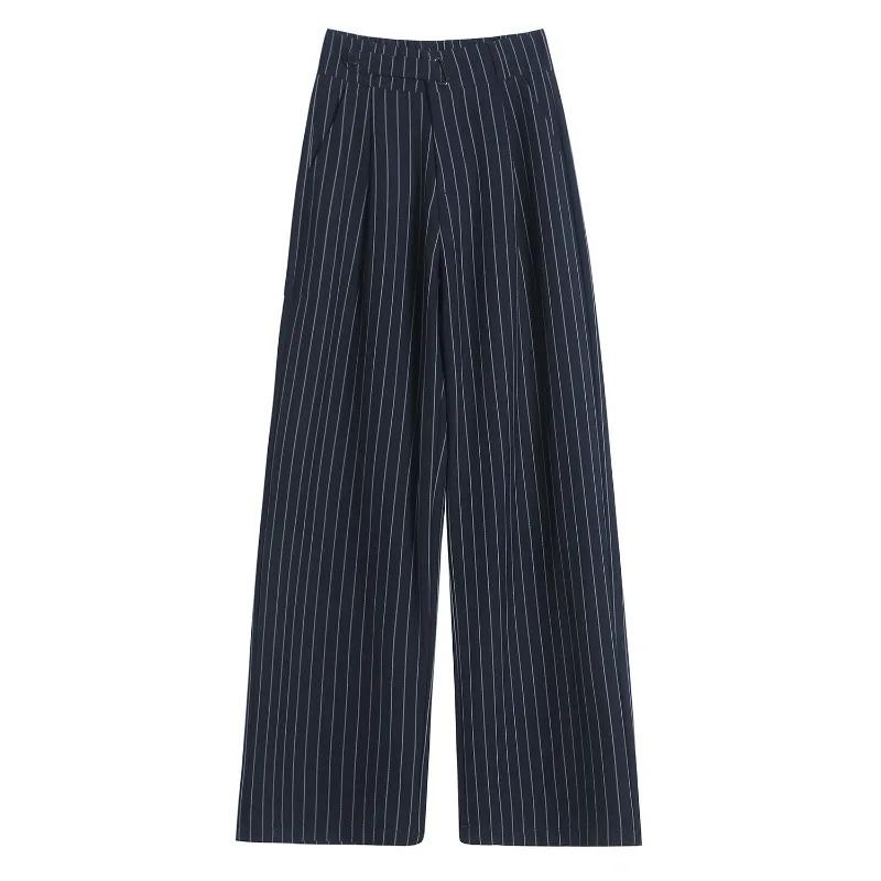 Herbst Vintage Gestreifte Lockere Damen Weite Hosen Knöpfe Frühling Hohe Taille Gerade Büro Voll Langes Hosen