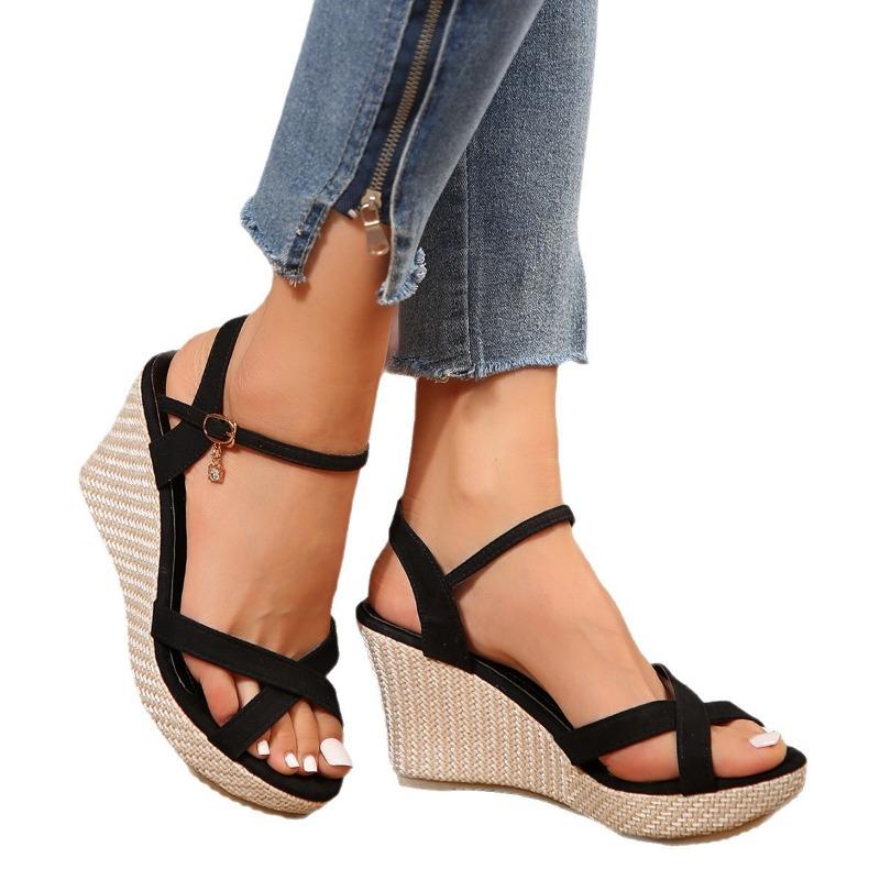 Summer New Large Size One-word Buckle with Hemp Rope Comfortable Wedge Heel Sandals Open-toed Women's Shoes