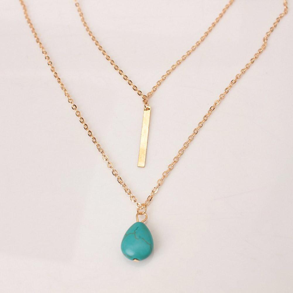 Women Double-layer Turquoise Necklace Water Drop Shaped Pendant Clavicle Chains Necklace