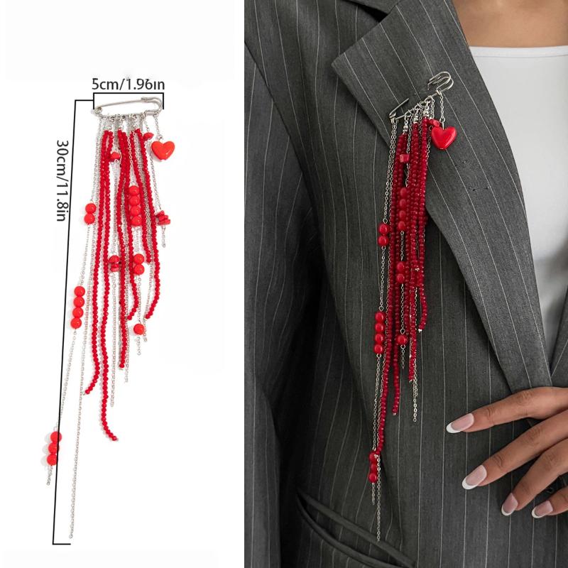 Punk Red Crystal Bead Brooch Long Tassel Chain Heart Pendant Trendy Jewelry for Backpack Scarf Lapel Decoration