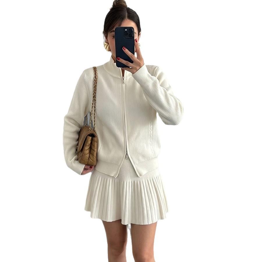 Knit Cardigan Sweaters Mini Pleated Skirt Sets Zip Soft Swing Flowy High Waist Short Skirt Cardigan Lounge Matching Sets