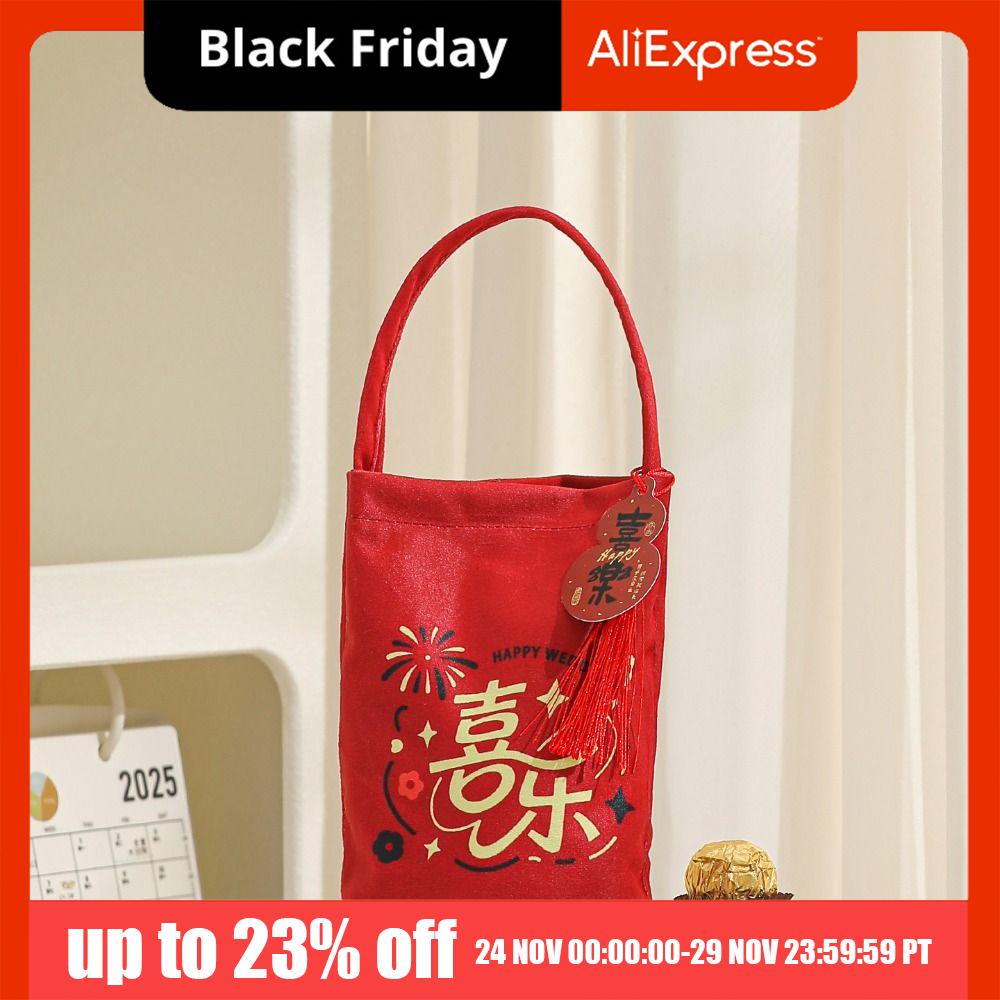 Traditional Canvas Wedding Candy Bag Tassels Drawstring New Year Gifts Bag Spring Festival Flower Chinese Style Handbag Party