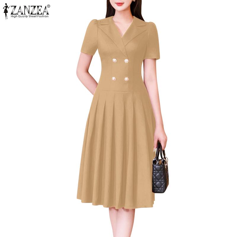 ZANZEA Damen Casual Turn Down Kragen Lose Kurzarm Plissee Kleid
