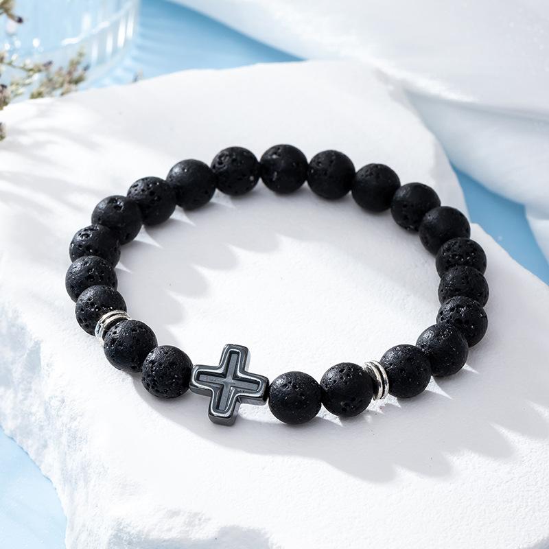 

Мода Религия Крест Мужчины Женщины 8 мм Натуральный камень Тигровый глаз Вулканический камень Бисер Браслет Эластичный браслет Ювелирные изделия