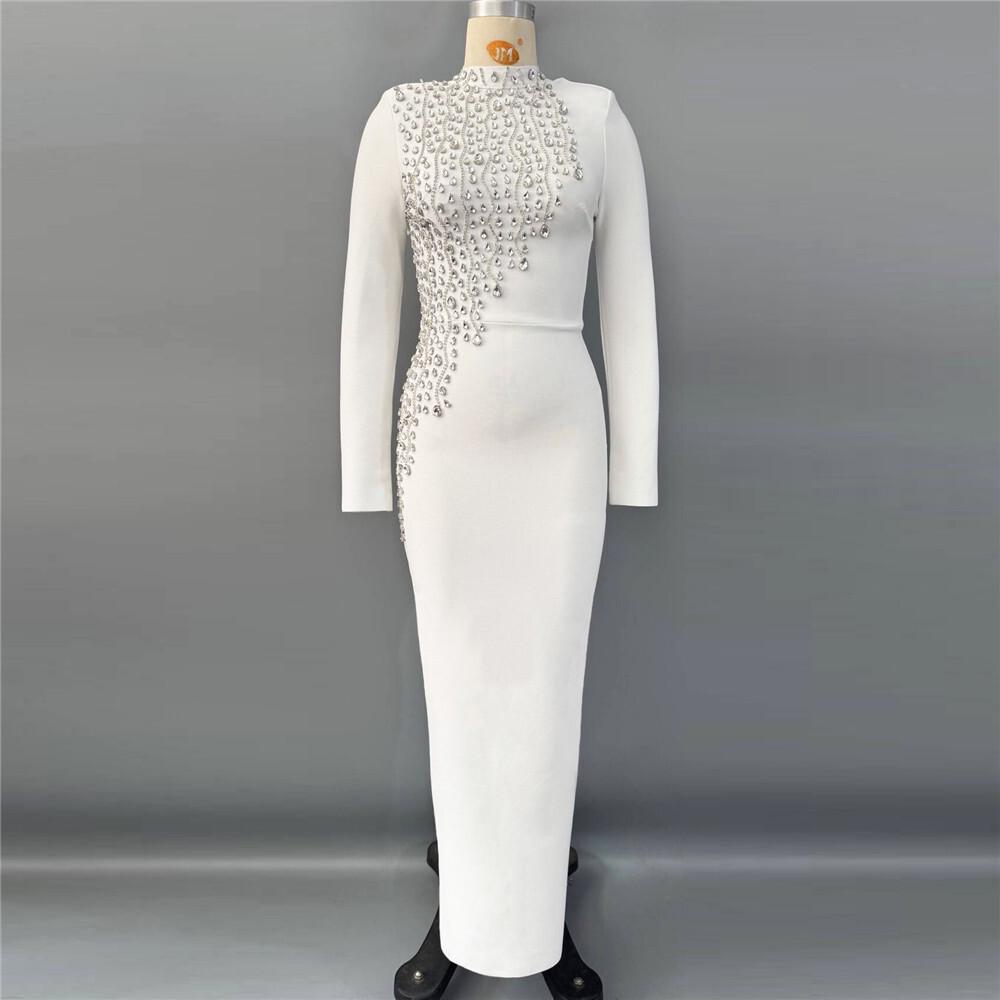 Elegant European & American Rhinestone Beaded Long-Sleeve Slim Fit Party Dress