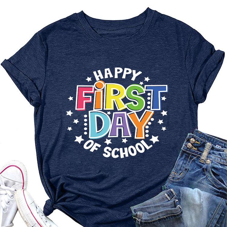 Summer loose crewneck Tshirt happy first day of printed casual shortsleeved fashion top
