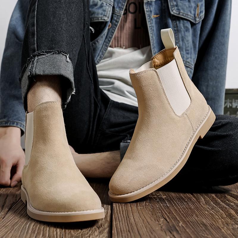 England Style Mens Casual Chelsea Boots Black Beige Cow Suede Leather Shoes Cowboy Ankle Boot Breathable Handsome Short Botas