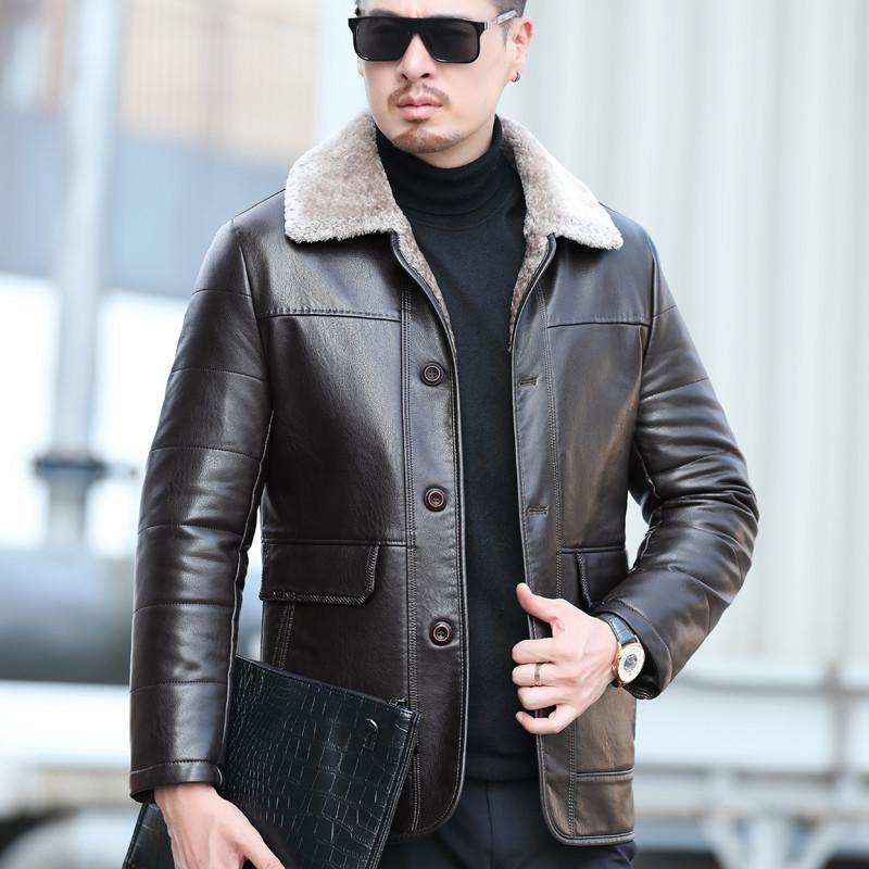 Thick Down Jacket Middle-aged Men's Genuine Leather Jacket Men's Casual Plush Down Jacket Lapel Mid-length Dad Wear
