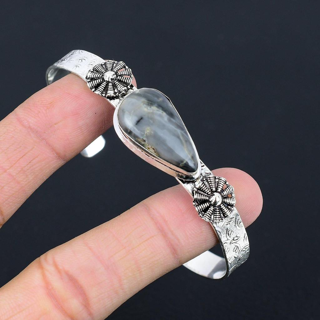 Anniversary Gift For Her Natural Fume Agate Bangle Flower Adjustable 925 Silver