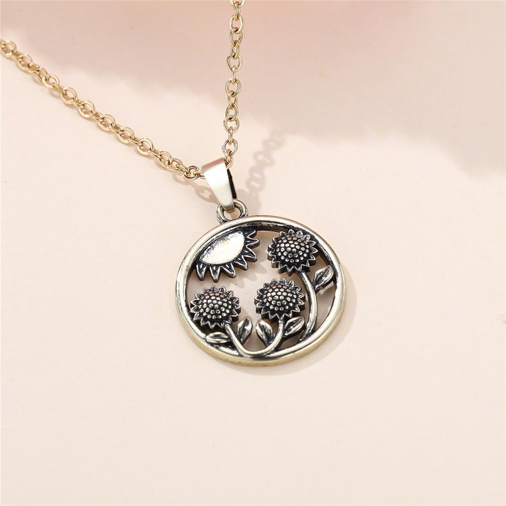Female Round Stone Sunflower Pendant Necklace Vintage Gold Color Wedding Jewelry For Women
