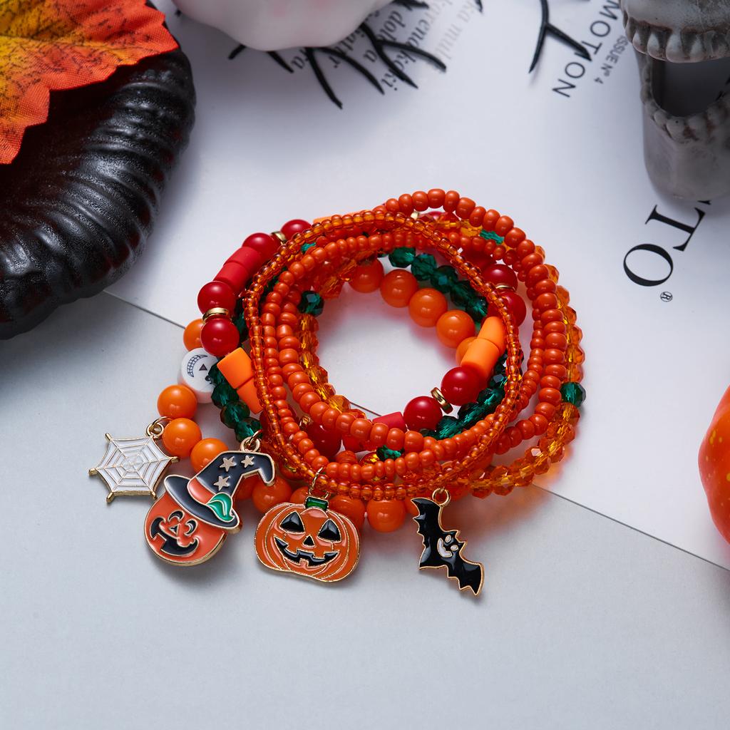 Halloween Spider Bat Multi-layer Stacked Bracelets Set for Women Pumpkin Boo Rice Beaded Bracelets Party Festival Jewelry Gifts