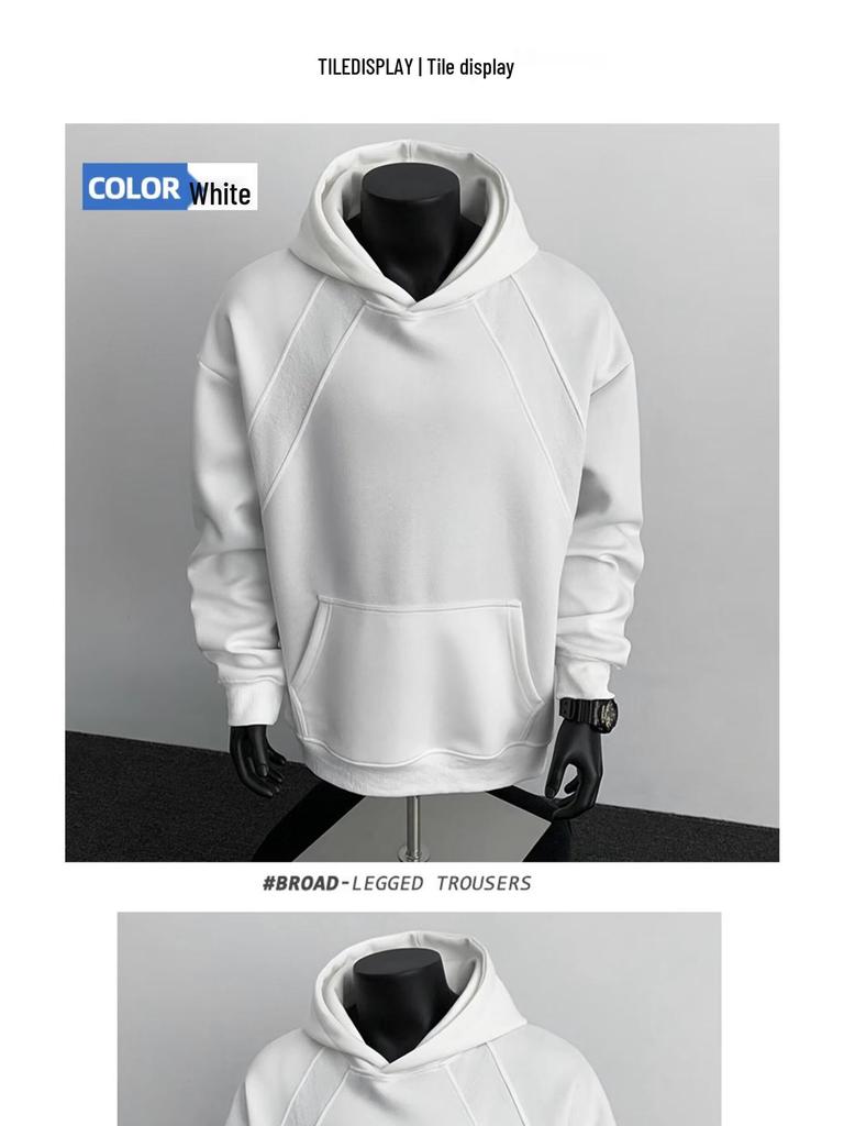 American Style Grey Deconstructed Patchwork Men's Hoodie, Spring/Autumn Trend, High Neck, Socially Anxious Persona, Fashionable Outerwear
