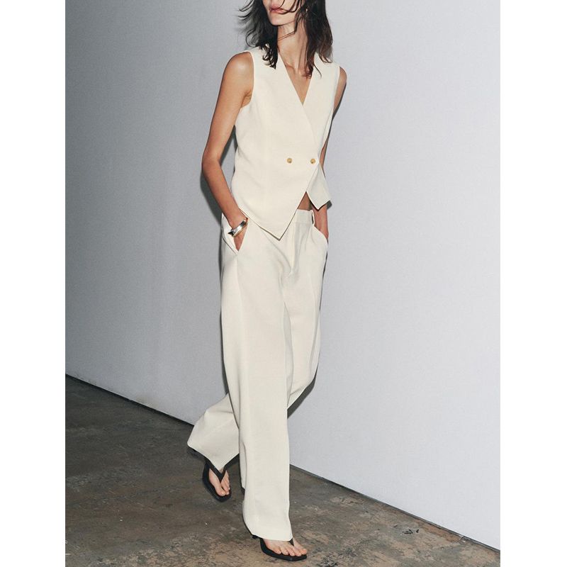 Asymmetric V-neck Sleeveless Vest 3447180 Strap Decoration Minimalist All-Match Low Waist Casual Pants 3328180