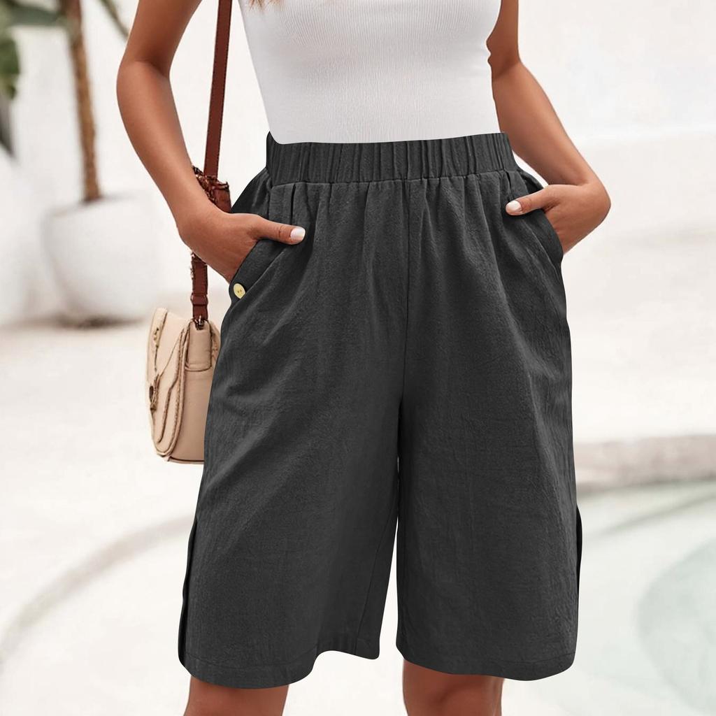 Bermuda Shorts For Women Wide Leg Linen Knee Length Summer Casual Long Shorts Loose High Waisted Short With Pockets