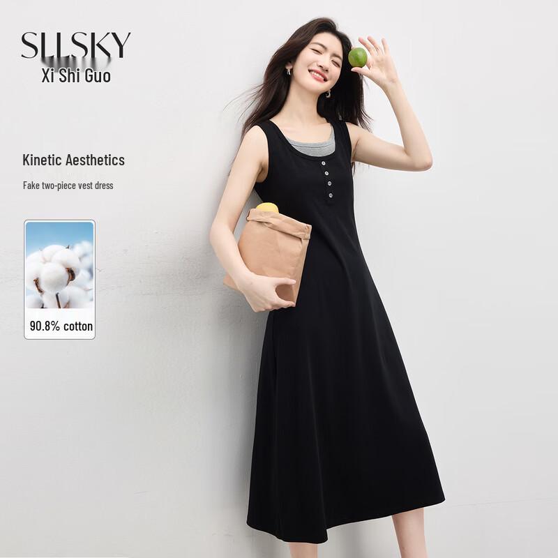 Women s Elegant Faux Two-Piece Black Sleeveless Midi Dress S