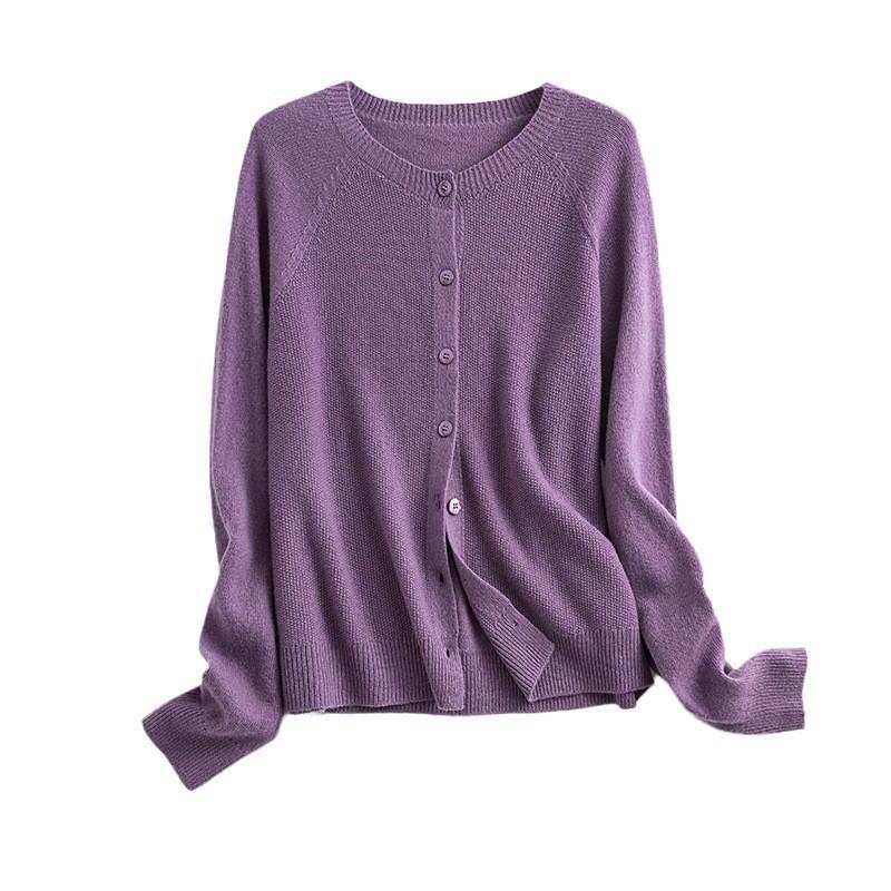 0 Wollstrickjacke Damen Rundhalsausschnitt nahtlos gestrickte Jacke lockerer Rückstrickpullover mit dünnen Herbst-Neuheiten