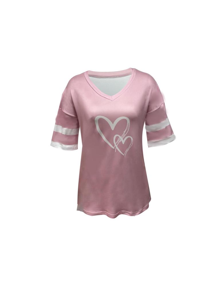 Spring/Summer Women's Heart Print V-Neck Striped Loose T-Shirt with Drop Shoulder