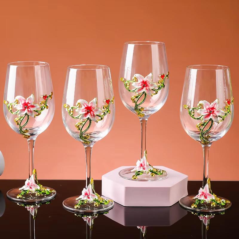 Luxury Crystal Enamel Goblet Glasses Vintage 3D Floral Decor Wine Glass Champagne Cup for Wedding Party Home Bar Home Party Gift