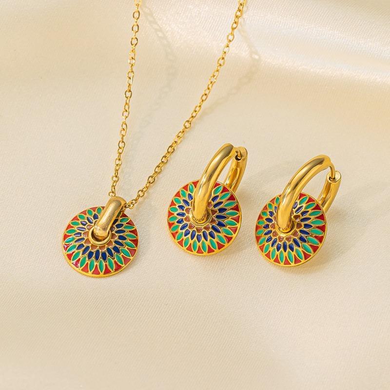 Kolmnsta Colorful Enamel Choker Titanium Steel Pendent Necklace For Women Girl Bohemian Daisy Stud Earrings Handmade Jewelry Set