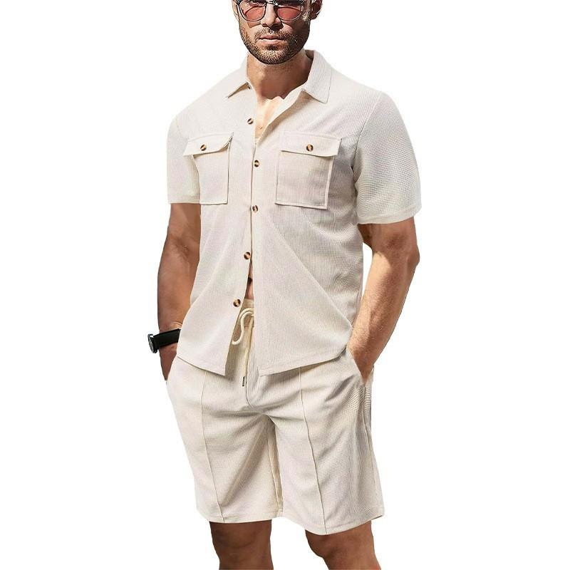 Summer Casual Men Waffle Solid Color Double Pocket Cardigan Short-sleeved Daily Shirt Shorts Set