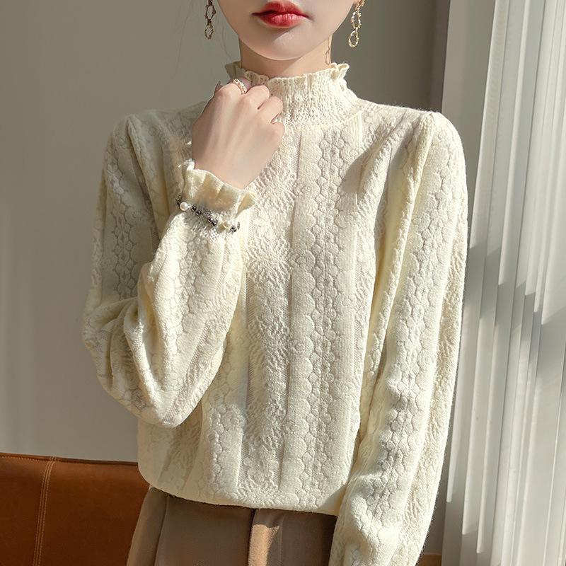 Women's Fine Wool Half-High Neck Lace Knit Sweater - New Autumn/Winter Thick Long Sleeve Top
