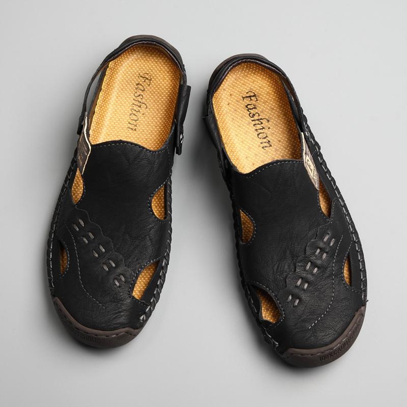 Men Sandals Black Leather Slippers Outdoor Summer Hiking Sandals Wide Head Beach Shoes for Father Plus Size
