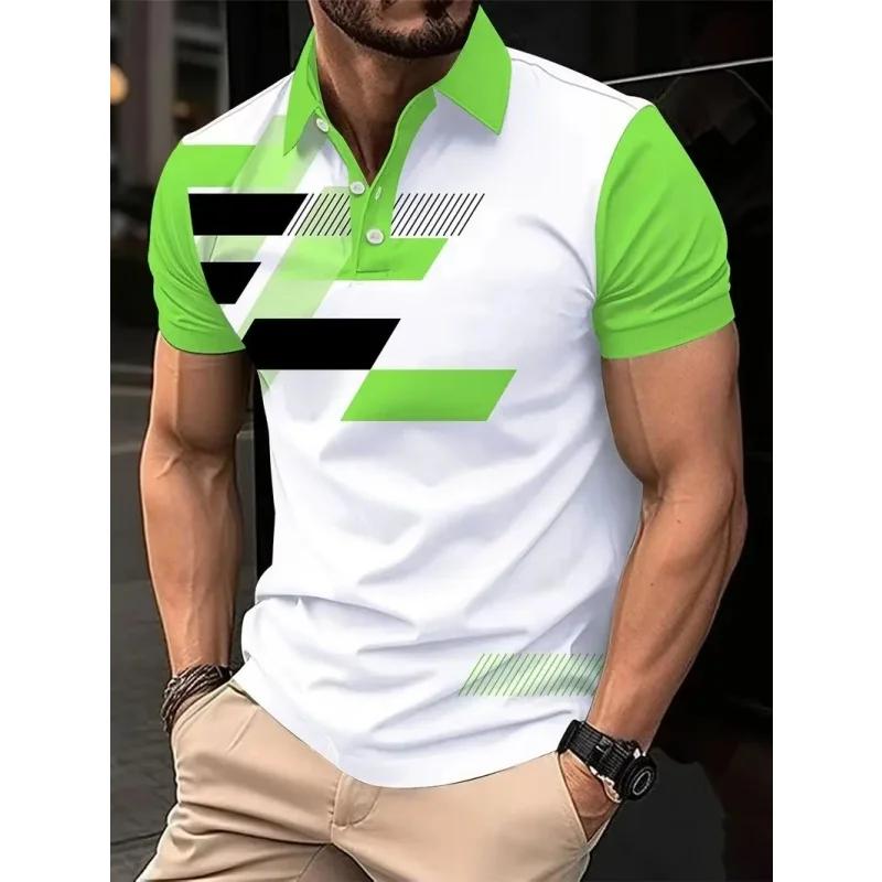 Geometric Print Short-sleeve Polo Shirt, Stylish Men's Casual Daily Wear.