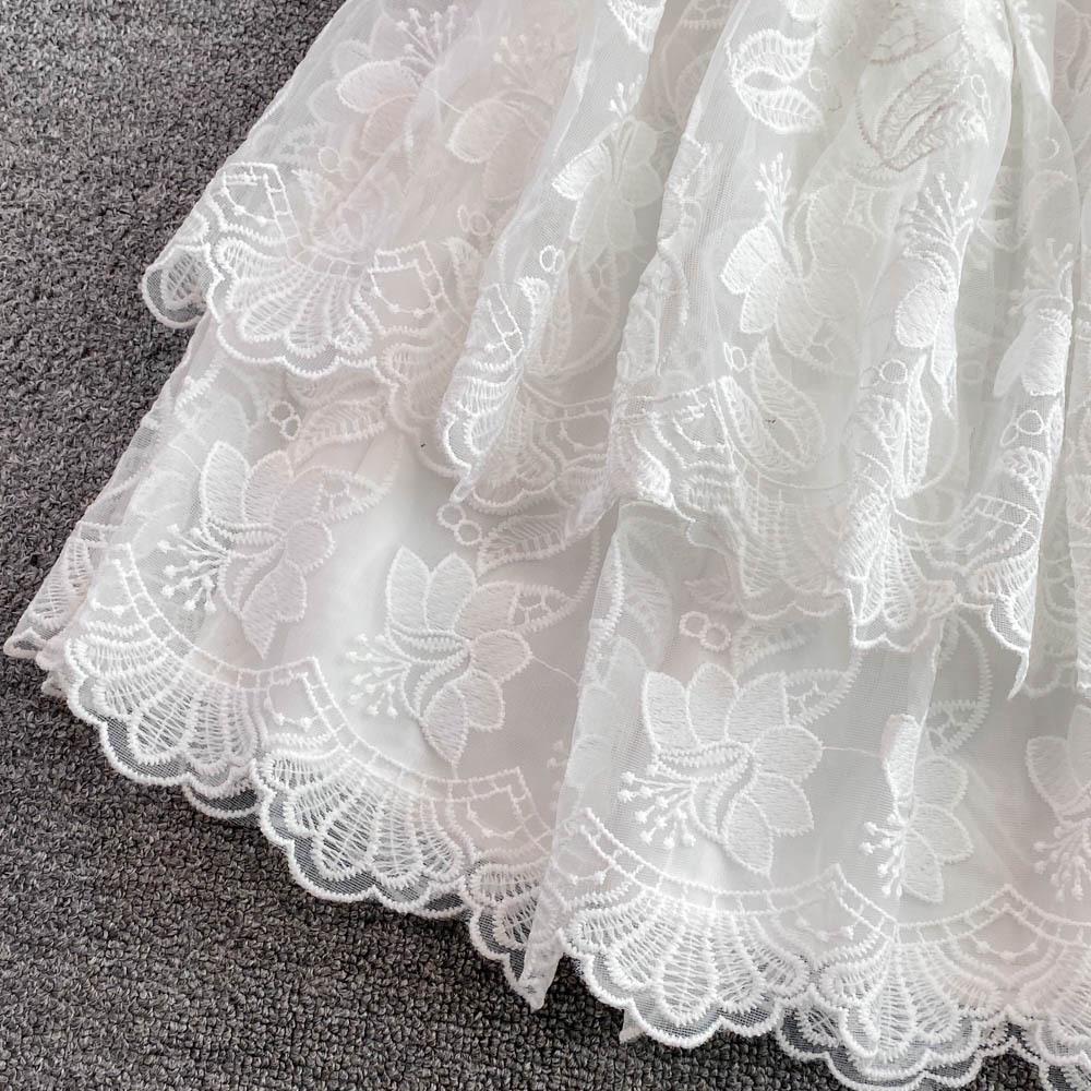 Summer Retro Embroidered Puff Sleeve A-line White Dress