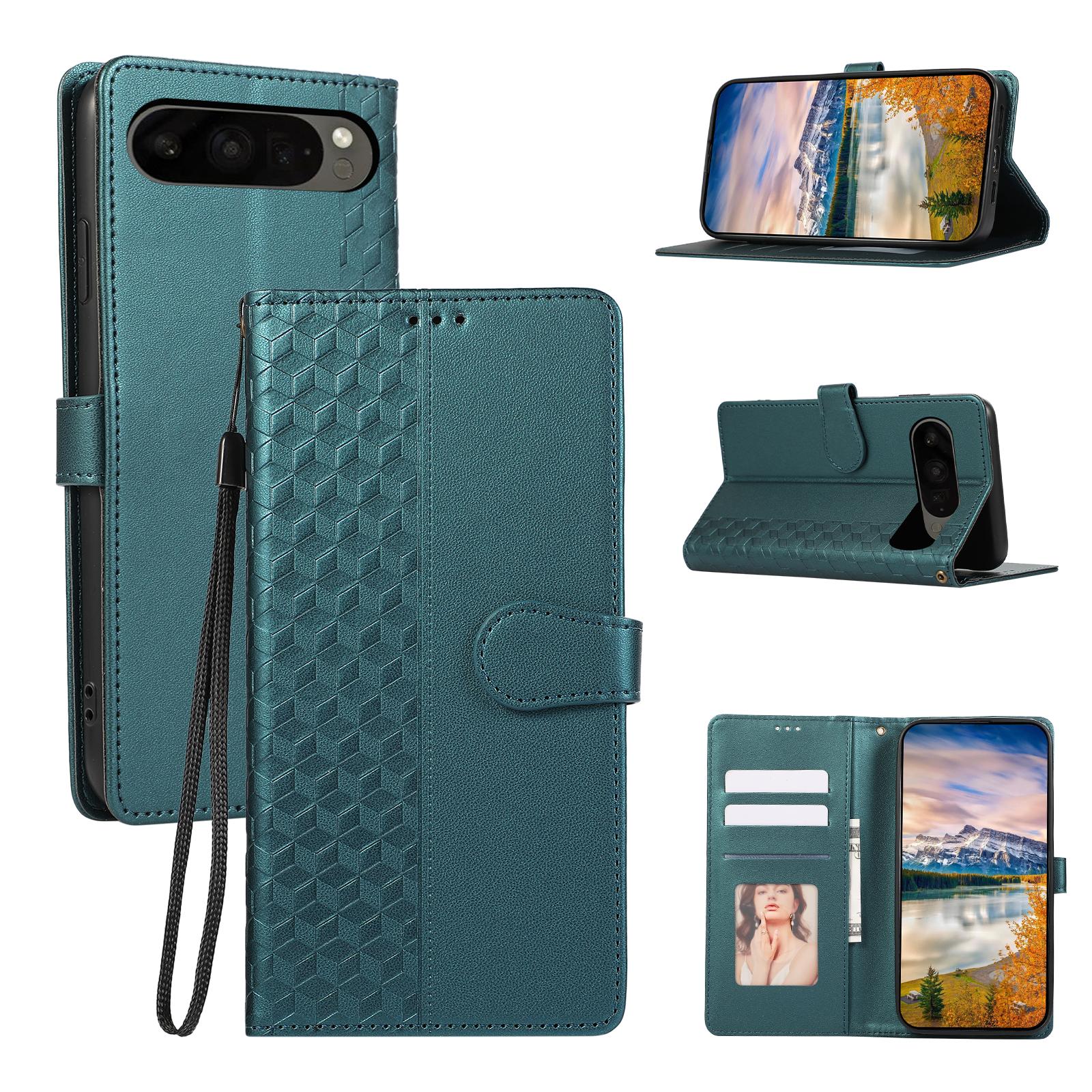 

Кожаный чехол для Google Pixel 10 Pro/10/9 Pro/9 с тиснением в виде 3D ромбовидной сетки, чехол-кошелек для телефона со шнурком Green