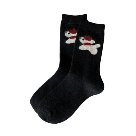 1/5 Pairs Student Socks Cartoon Puppy Design Thickened Fleece Lining Socks Winter Warmth Stretch Fit Socks