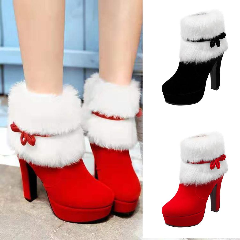 Christmas Winter Suede High Heels Thick Heel Side Zipper Ladies Short Boots