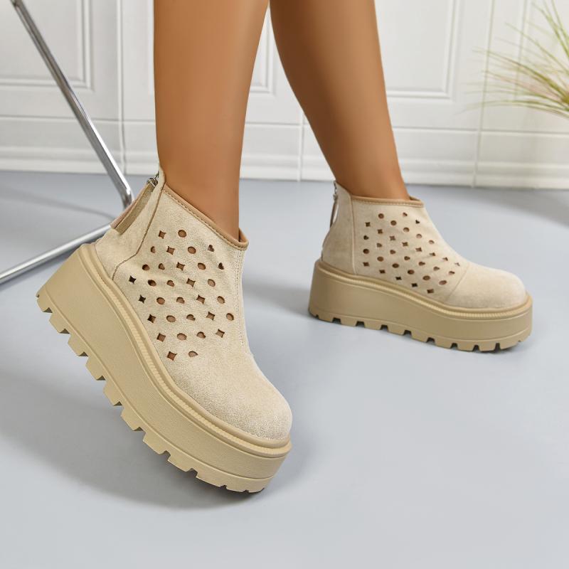 Fashion Chunky Platform Thick Bottom Ankle Boots Women 2025 Khaki Suede Back Zippers Hollow Out Summer Boots Fashion Plus Size Shoes