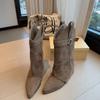 Frosted cowhide thick heel high heel pointed trousers boots women's 2025 new belt buckle long western boots.