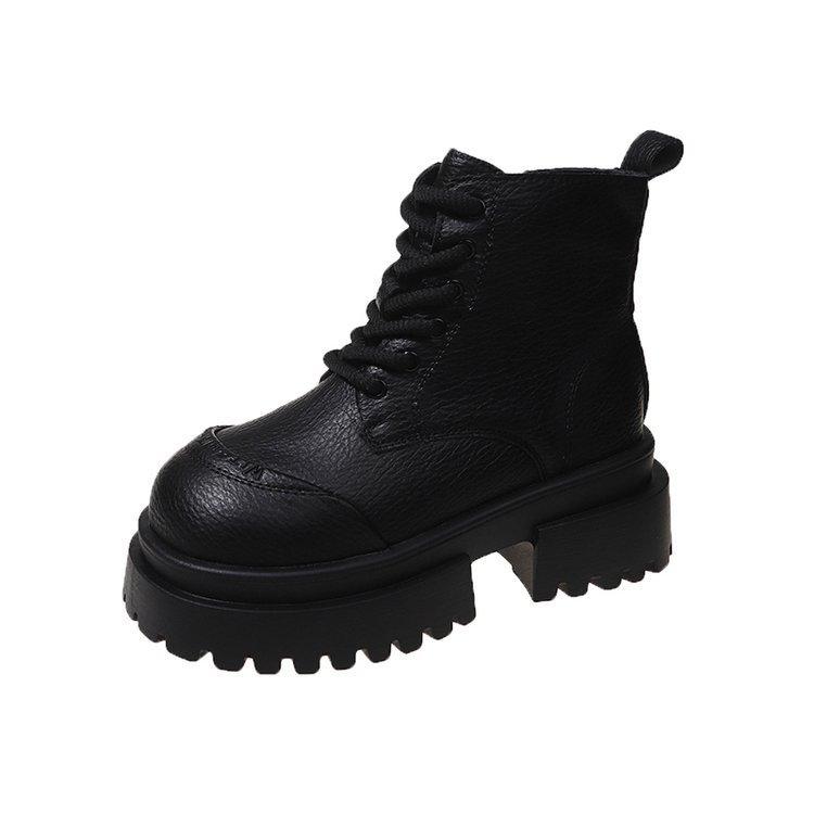 

Осенние сапоги с толстой подошвой и большим голенищем, модные и удобные женские короткие байкерские ботинки из натуральной коровьей кожи со шнуровкой 40 чёрный