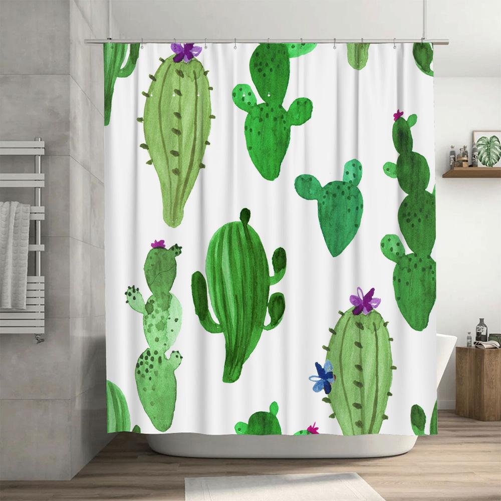 Colorful Cactus Shower Curtain Green Succulent Decor For Bathroom Watercolor Plant Design Polyester Fabric With Hooks Set Perfec