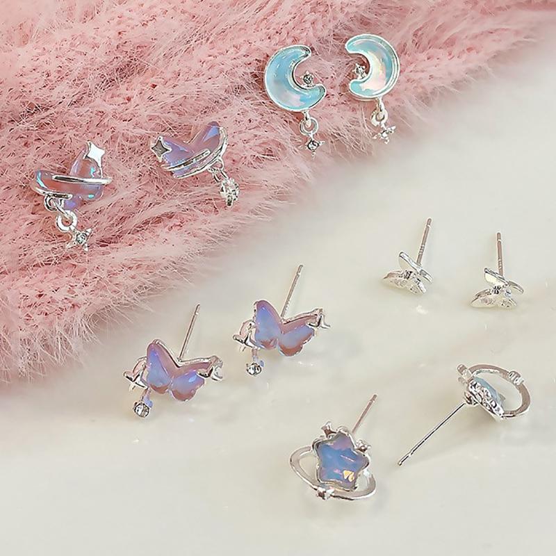 6Pcs/Set Women Colorful  Pentagram Star Moon Butterfly Stud Earring Trendy Punk Sweet Cool Earrings Aesthetic Jewelry