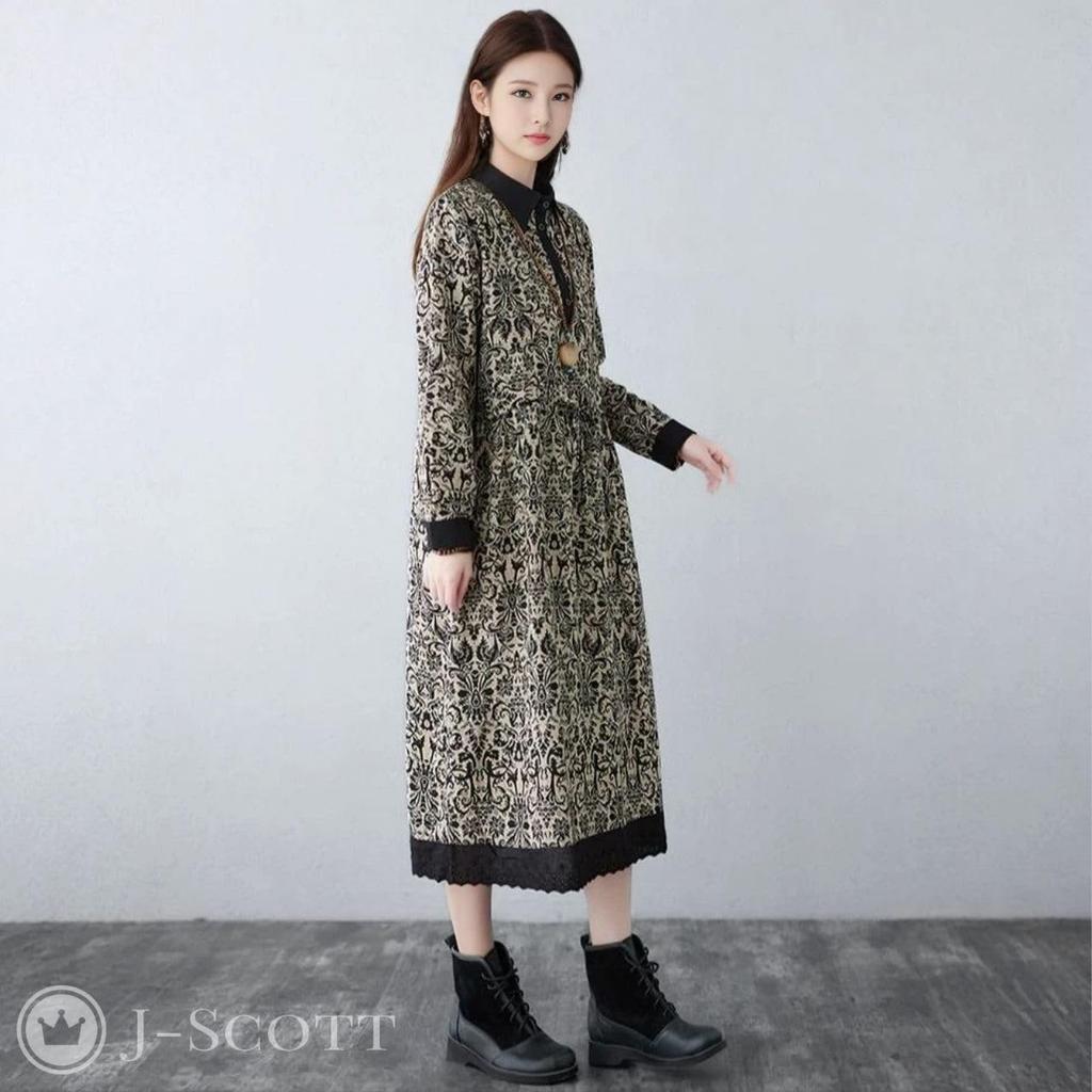 J-Scott Women's Retro-Style Long Dress, Botanical Print, A-Line, High Waist, Lace Hem, Black, JS41-BK-L