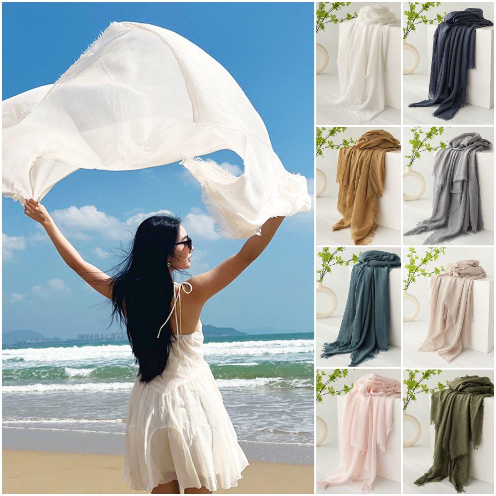 Solid Color Beach Silk Shawl Cotton Linen Bikini Cover-ups Breathable Boho Style  Female