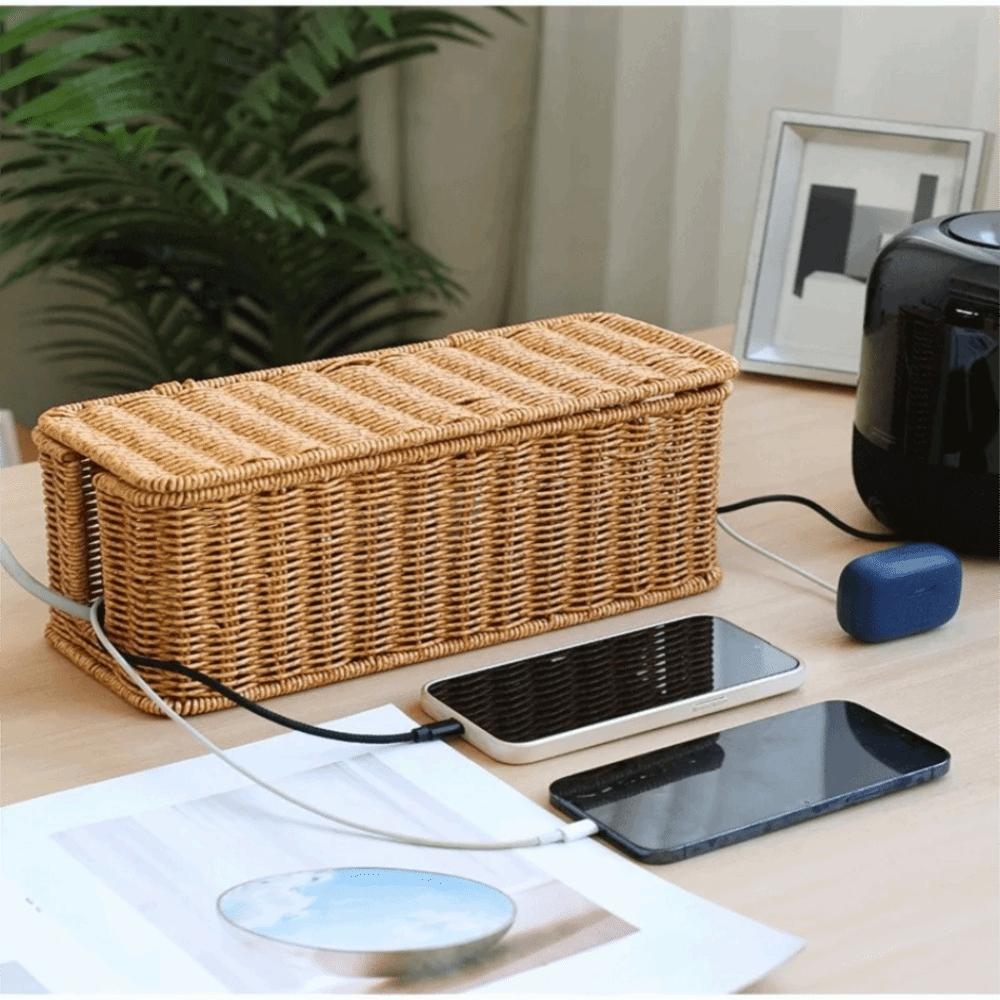 Hand-Woven Imitation Rattan Cable Organizer Box 2/3/5 Open Slot Well-ventilated Charging Station Storage Box Rustic Style