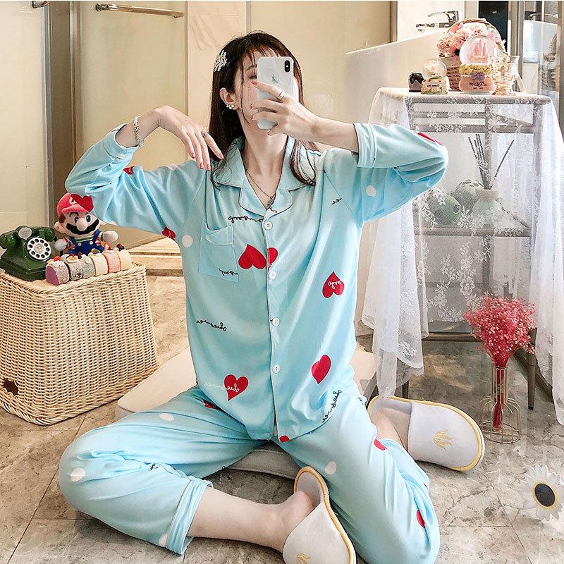 Women's Pajama Set Long Sleeve Lapel Collar Cute Heart Print 2 Piece Loungewear Soft Spring Fall Sleepwear Home Suit