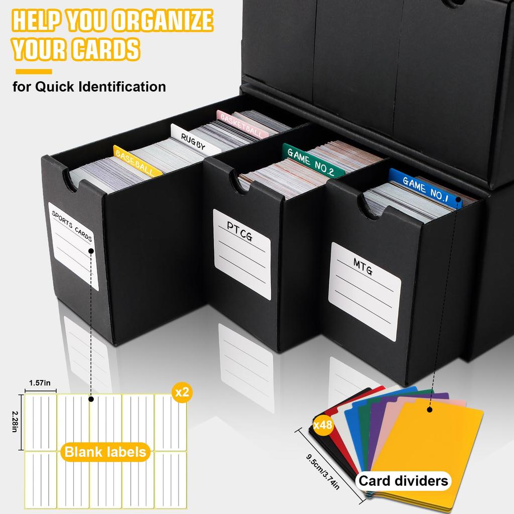 QLOUNI Trading Card Storage Box with Box 48 Card Card Organizer for Collector Card TCG MTG PTCG Baseball Cards with Labels Tape 12-600CT & Dividers,