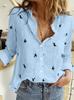Ladies Casual Bird Pattern Long Sleeve Shirt Button Up Blouse with Collar Fashion Printed Workwear Top for Women